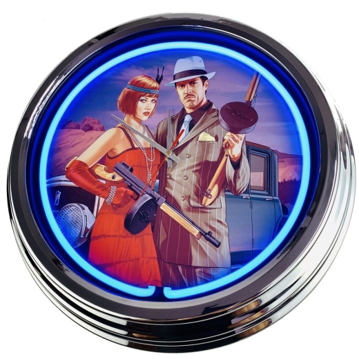 N-0486 Bonnie und Clyde Große Neon-Uhr 17" Zoll Retro Wanduhr