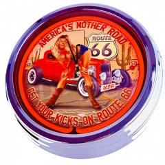 N-0877 Get Your Kicks On Route 66 Große Neon-Uhr 17" Zoll Retro Wanduhr
