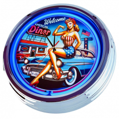 N-0689 Diner Nr.5 - Große Neon-Uhr 17" Zoll Retro Wanduhr