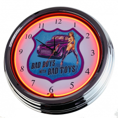 N-0605 Bad Boys with Bad Toys Große Neon-Uhr 17" Zoll Retro Wanduhr