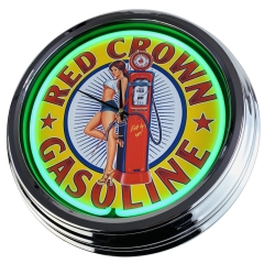 N-0359 Red Crown Gasoline Pin Up Große Neon-Uhr 17" Zoll Retro Wanduhr