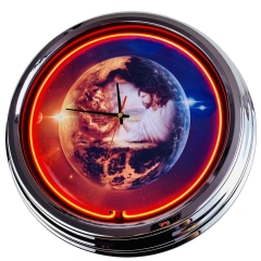 N-0444 Himmel & Hölle Große Neon-Uhr 17" Zoll Retro Wanduhr